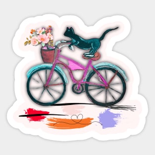 Tuxedo cat riding pink bike Sticker